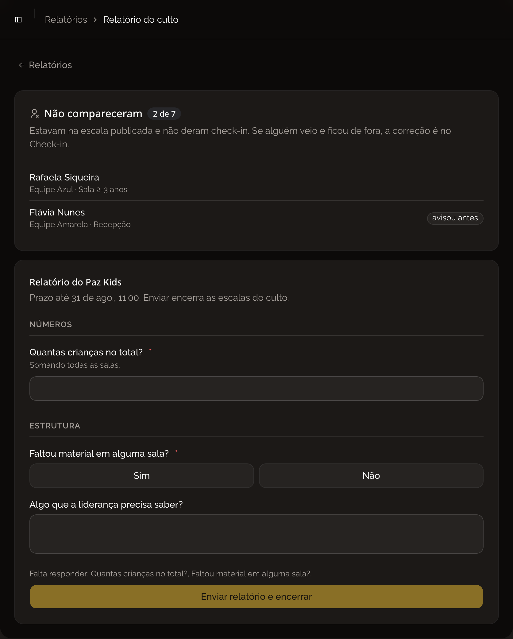 Tela do relatório com o card Não compareceram no topo e o formulário abaixo, dividido em blocos