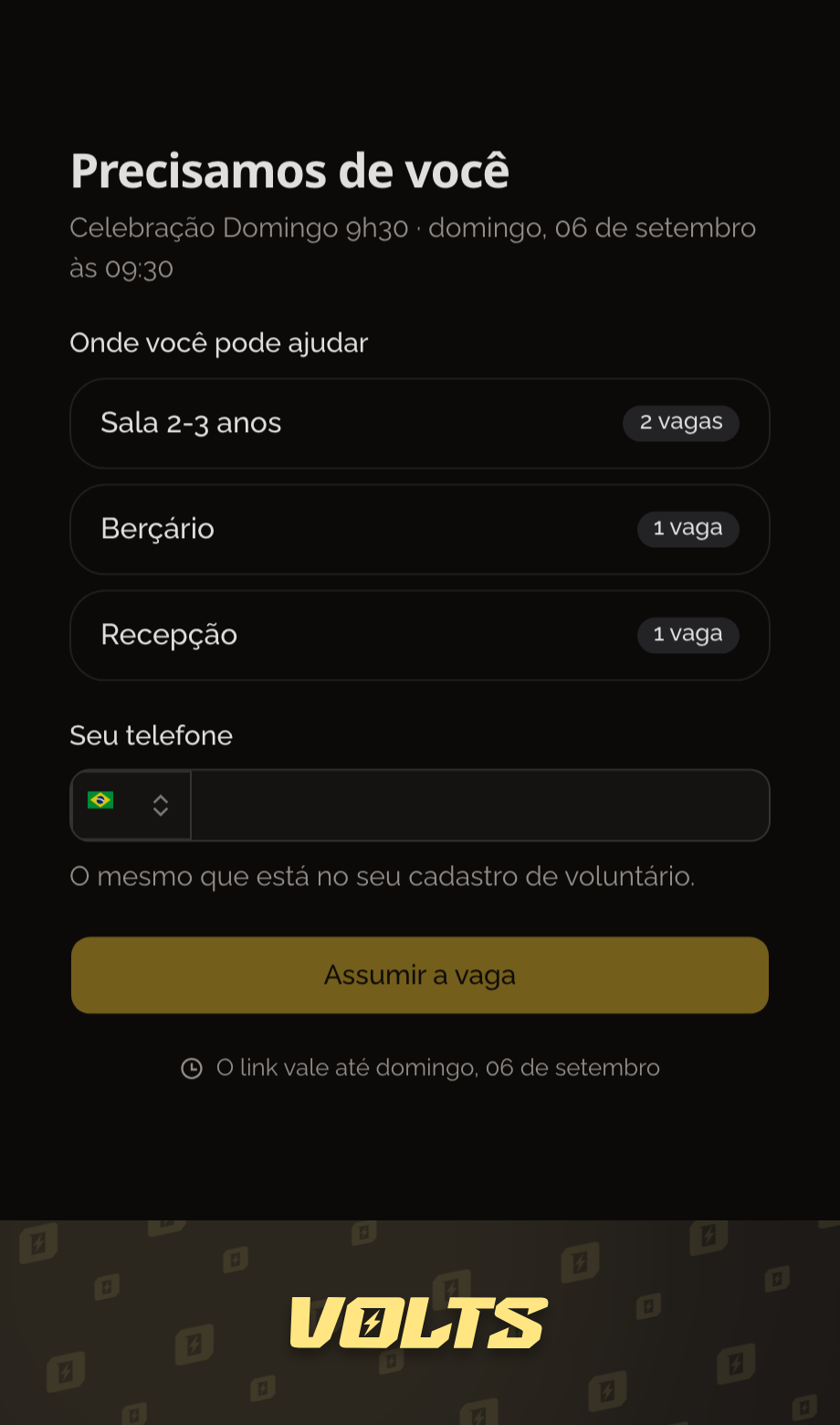 Tela pública de vagas com três funções em aberto, campo de telefone e o botão Assumir a vaga